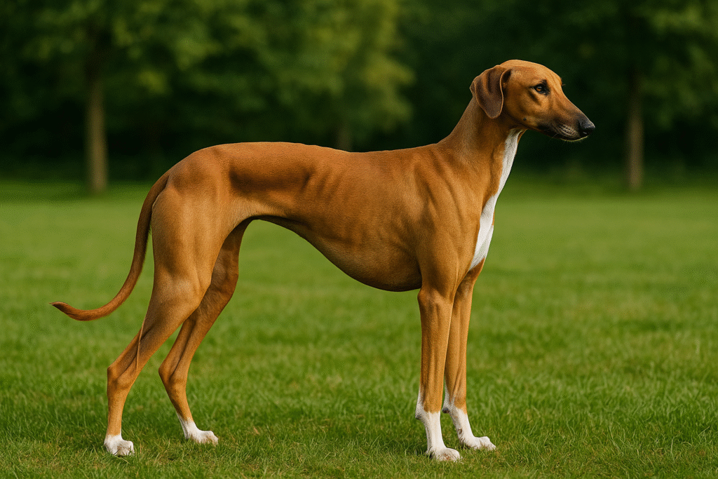 Azavakas grakštus šuo su trumpu kailiu žalioje pievoje Bugivugi