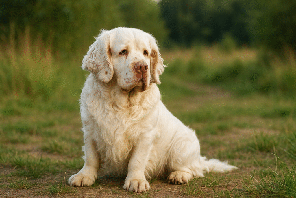 Klamberio spanielis žalioje pievoje Bugivugi
