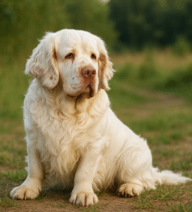 Klamberio spanielis žalioje pievoje Bugivugi