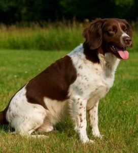 Drentės kurapkinis šuo žalioje pievoje Bugivugi