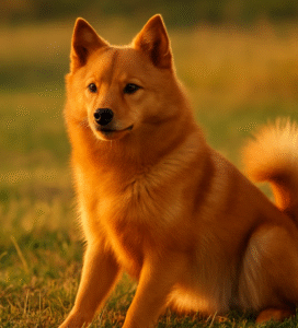 Suomiu špicas sėdintis pievoje Bugivugi