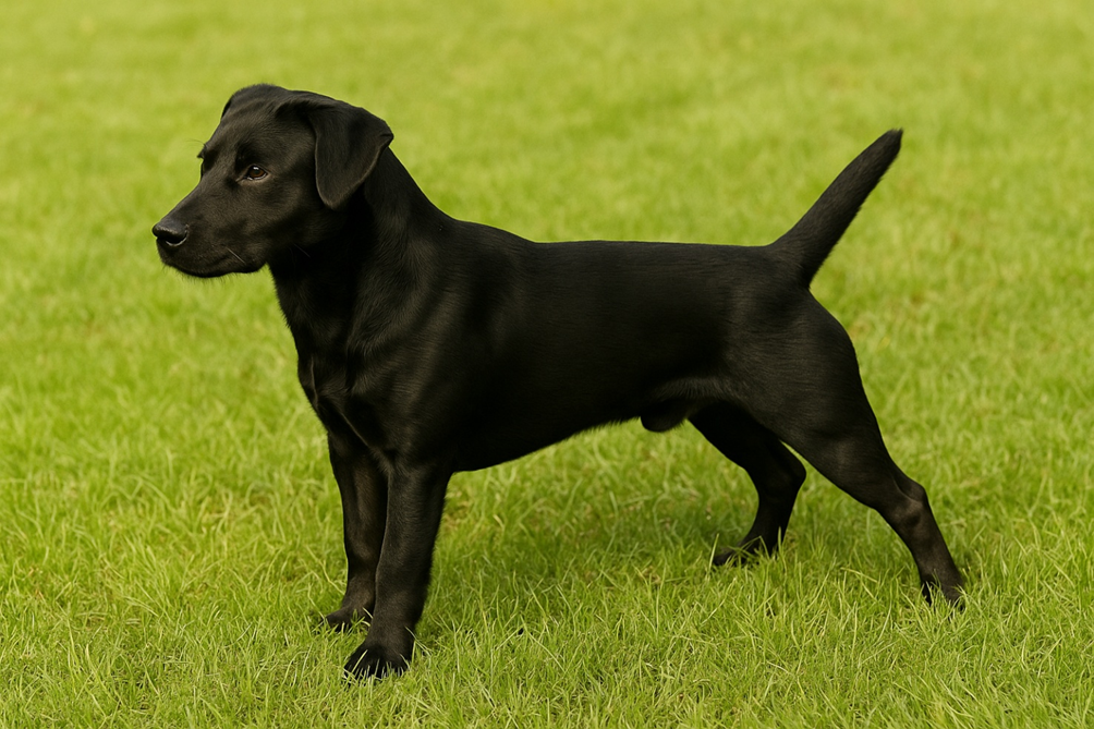 Paterdeilo terjeras juodas šuo žolėje Bugivugi