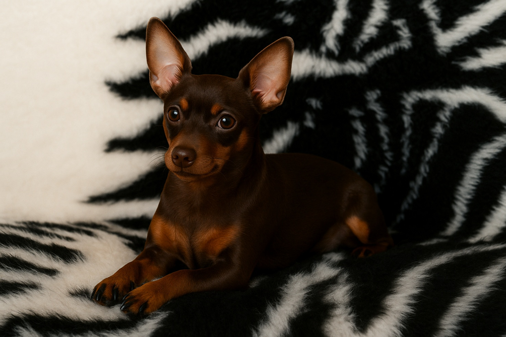 Prahos rateris mažas juodas šuo sėdintis ant lovos Bugivugi