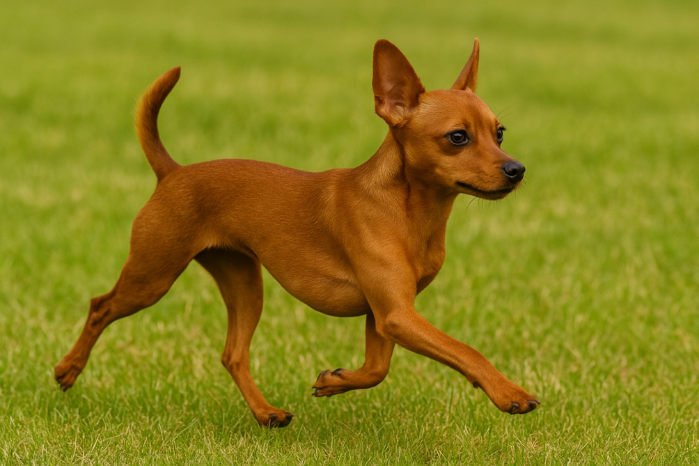 Rusų toiterjeras mažas rudas šuo bėgantis per žolę Bugivugi
