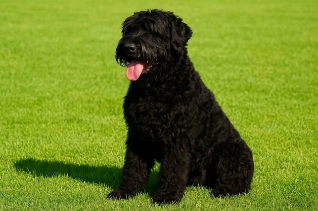 Juodasis rusų terjeras žolėje Bugivugi