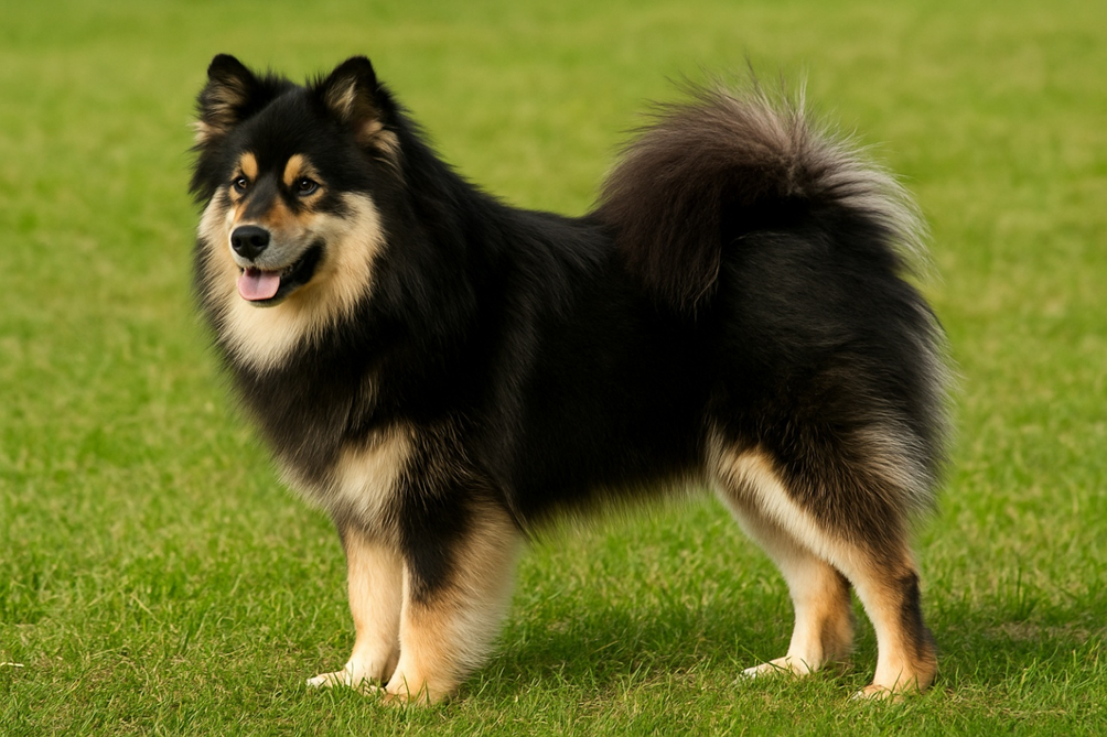 Suomių laphundas šuo žaliame lauke Bugivugi