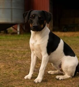 Japonų terjeras sėdi kieme Bugivugi