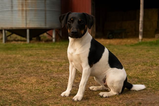 Japonų terjeras sėdi kieme Bugivugi