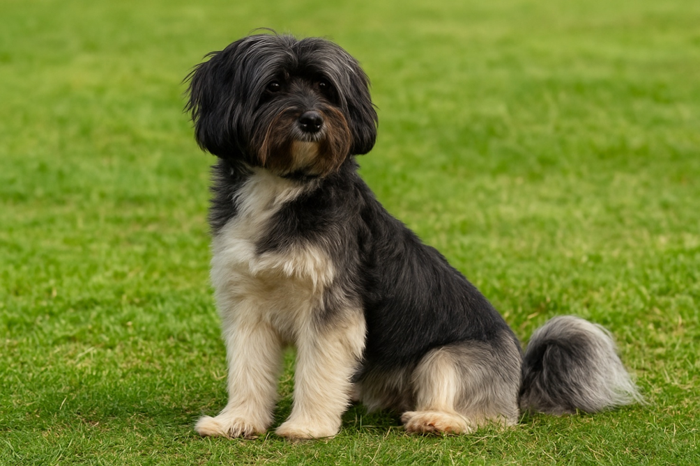 Šuo liūtukas sėdintis ant žolės. Bugivugi