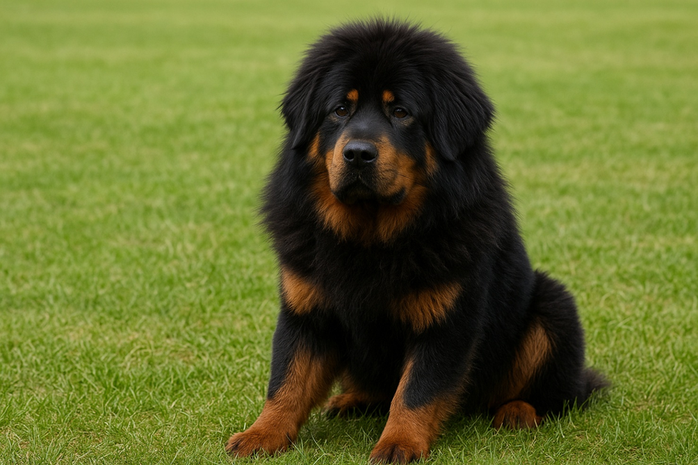 Tibeto mastifas sėdintis ant žalios vejos Bugivugi