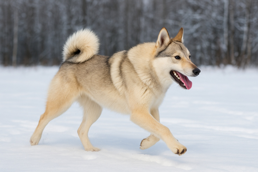 Vakarų Sibiro laika šuo bėgantis per sniegą Bugivugi