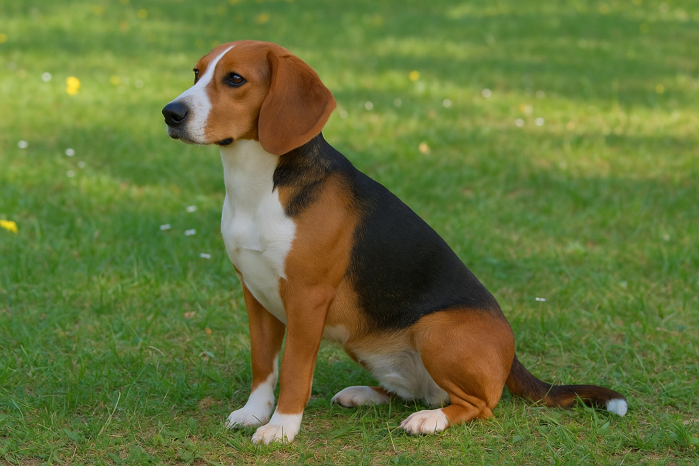 Vokiečių skalikas trispalvis šuo sėdintis ant žolės Bugivugi