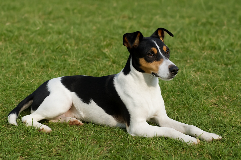 Žiurkinis terjeras šuo žalioje vejoje Bugivugi