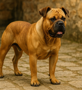 Maljorkos buldogas stovintis akmeniniame kieme Bugivugi