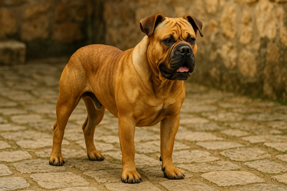 Maljorkos buldogas stovintis akmeniniame kieme Bugivugi