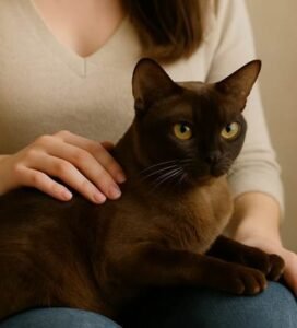 Burmos katė šokoladinės spalvos guli ant sofos Bugivugi