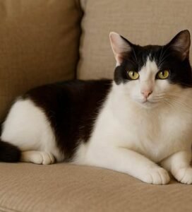 Japonų bobteilas katė ant sofos Bugivugi