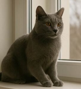 Kartezianinė katė mėlynos spalvos sėdi ant palangės Bugivugi