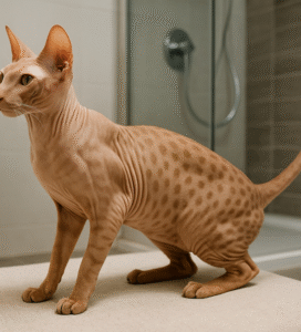 Peterbaldas katė sėdi vonios kambaryje Bugivugi