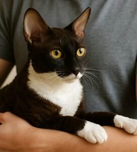 Kurilų bobteilas sėdintis ant rankų Bugivugi