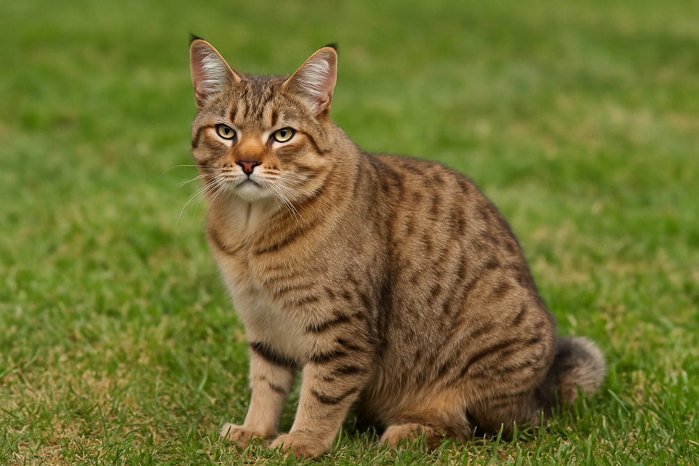 Pixie-Bob katė tupi ant žolės Bugivugi