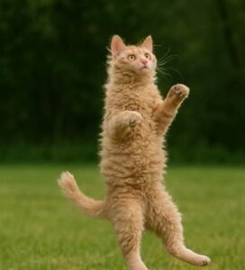 Laperm katė garbanota oranžinės spalvos stovi ant užpakalinių kojų Bugivugi