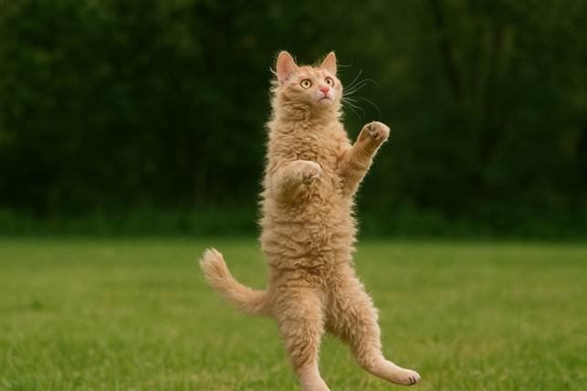 Laperm katė garbanota oranžinės spalvos stovi ant užpakalinių kojų Bugivugi