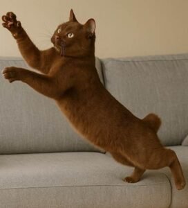 Manksų katė šoka nuo sofos Bugivugi