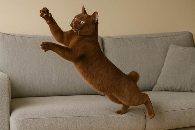 Manksų katė šoka nuo sofos Bugivugi