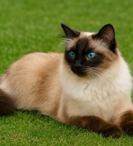 Balio katė guli ant žalios vejos Bugivugi