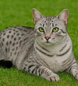 Egipto mau katė sidabrinės spalvos kailiu guli ant žalios žolės bugivugi