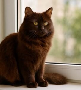 Jorko šokoladinė katė tupi ant palangės Bugivugi